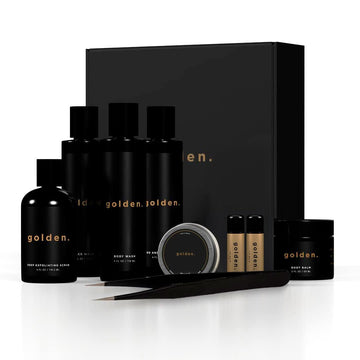 Golden Grooming Co. Bath and Body Skin Care Kit Gift Set for Men - with Deep Exfoliating Scrub Face Wash Lip Blam Body Wash 2 in 1 Beard & Hair Shampoo and More