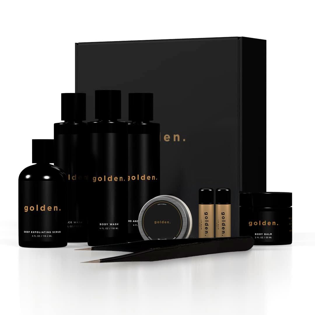 Golden Grooming Co. Bath and Body Skin Care Kit Gift Set for Men - with Deep Exfoliating Scrub Face Wash Lip Blam Body Wash 2 in 1 Beard & Hair Shampoo and More