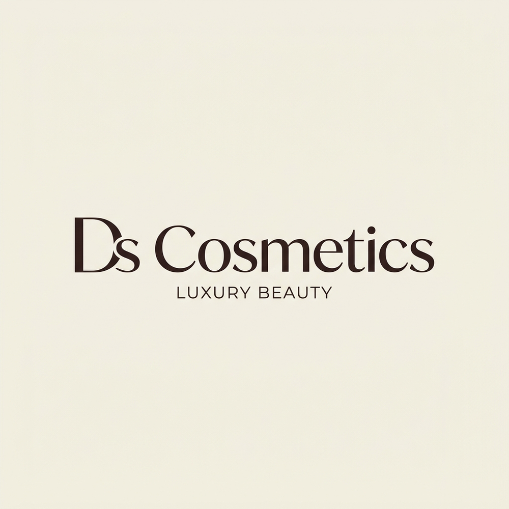 A minimalist cream-colored square graphic featuring the text 'Ds Cosmetics' and 'LUXURY BEAUTY' in dark brown serif and sans-serif fonts.